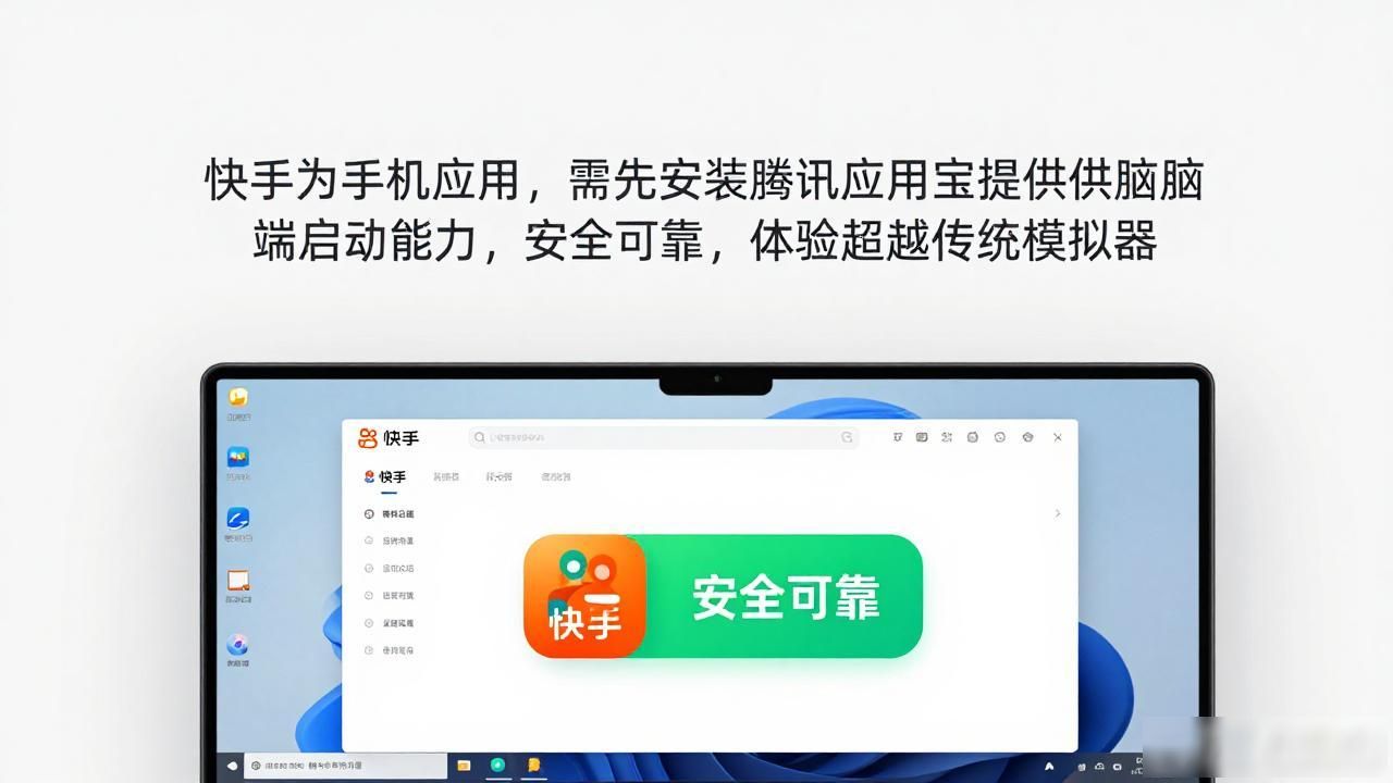 快手为手机应用，需先安装腾讯应用宝提供电脑端启动能力，安全可靠，体验超越传统模拟器